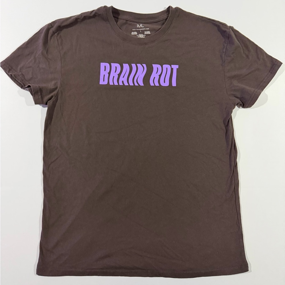 Brown Graphic Tee with Purple 'BRAIN ROT' Print